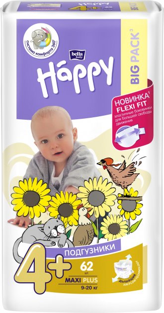 Підгузки дитячі Bella Baby Happy Maxi Plus 9-20 кг 62 шт